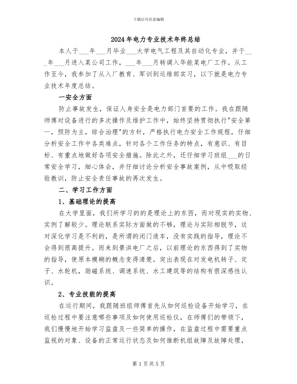 2024年电力专业技术年终总结_第1页