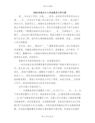 2024年电力个人专业技术工作小结