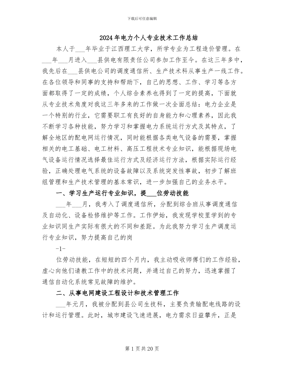2024年电力个人专业技术工作总结_第1页