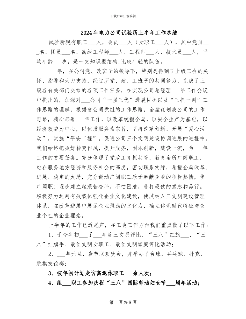 2024年电力公司试验所上半年工作总结_第1页