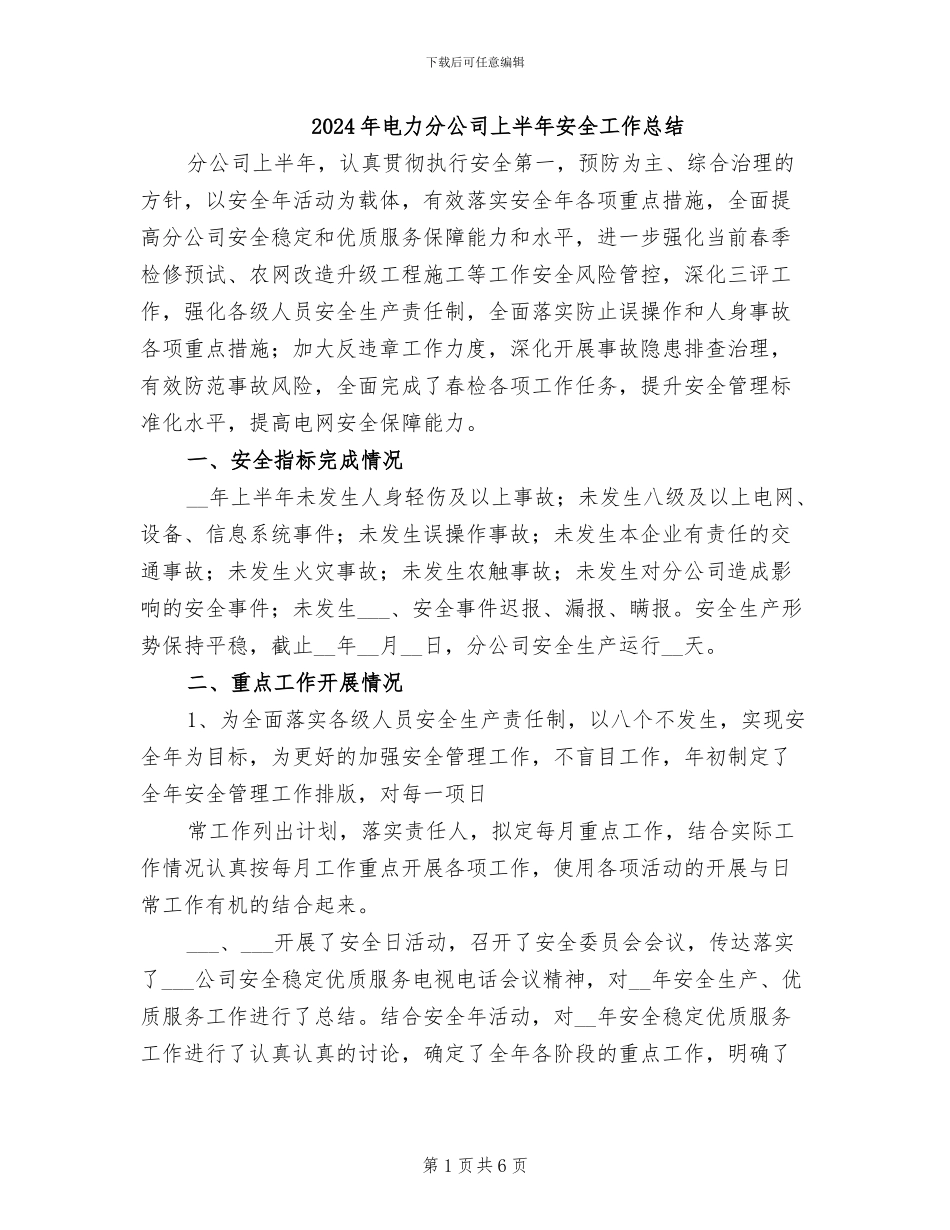 2024年电力分公司上半年安全工作总结_第1页
