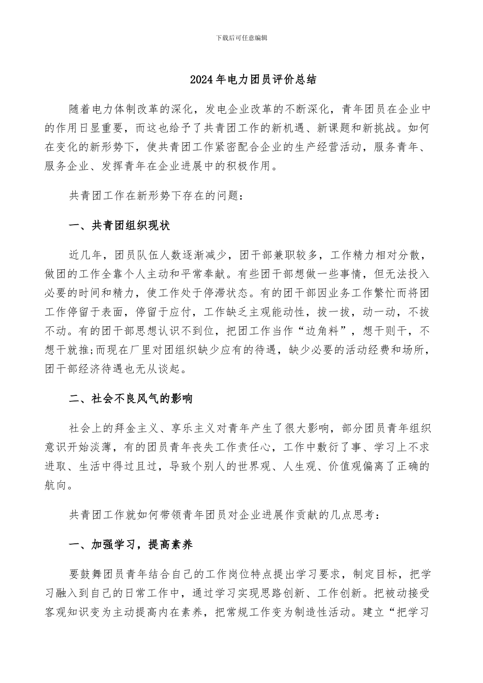 2024年电力团员评价总结_第1页