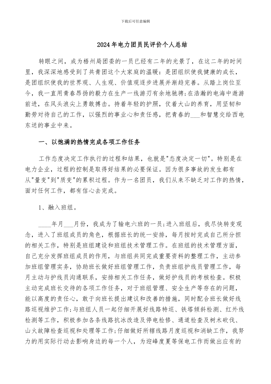 2024年电力团员民评价个人总结_第1页