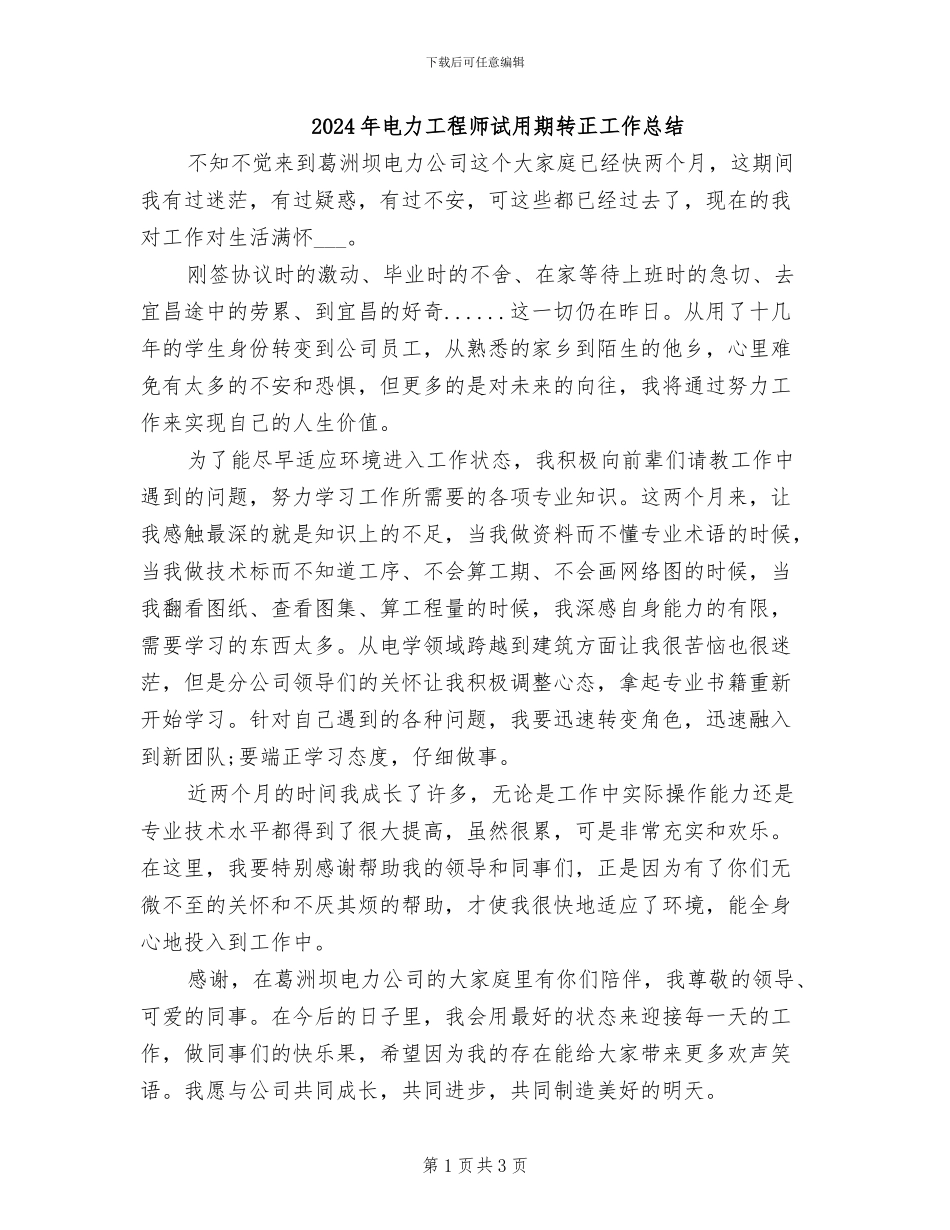 2024年电力工程师试用期转正工作总结_第1页