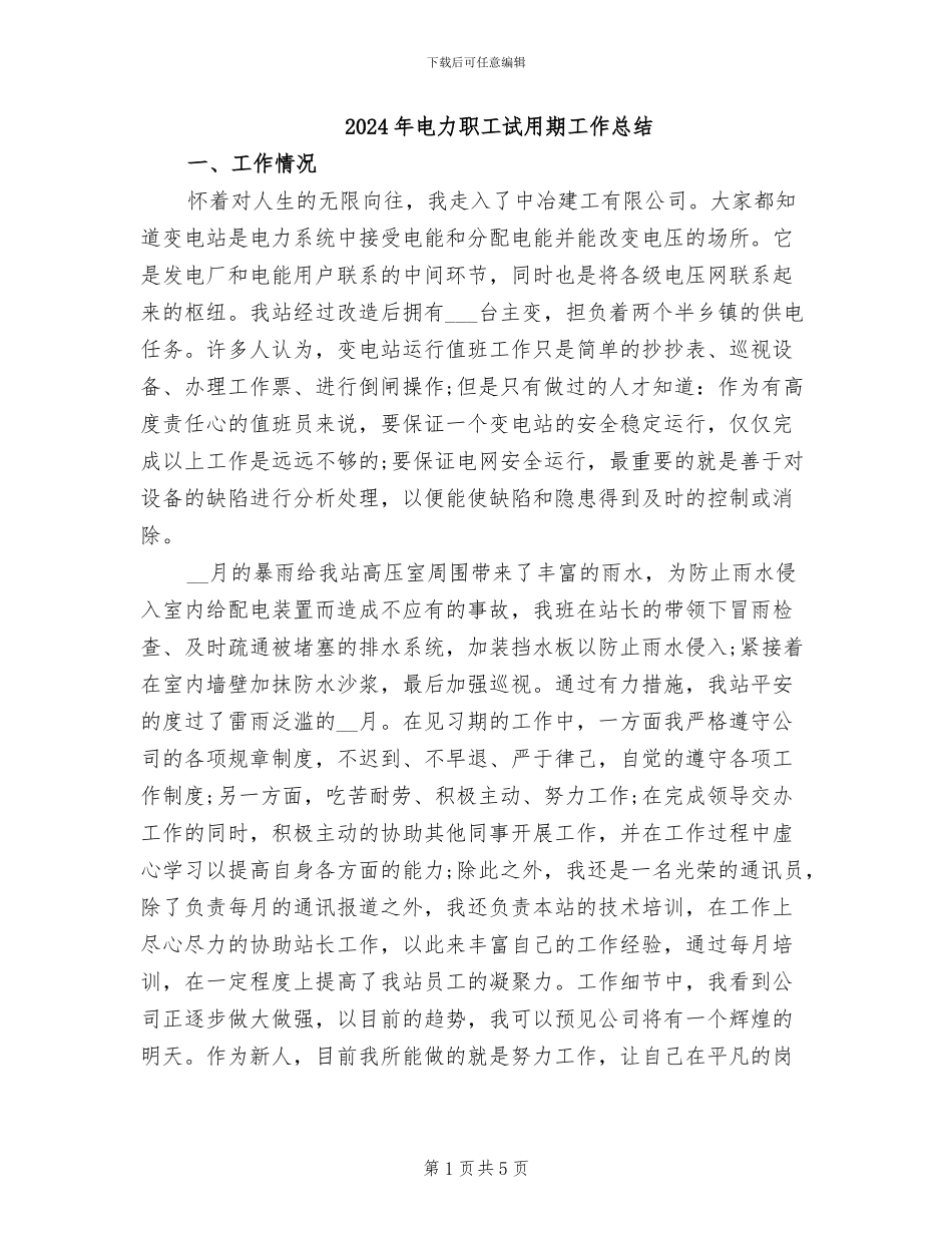 2024年电力职工试用期工作总结_第1页