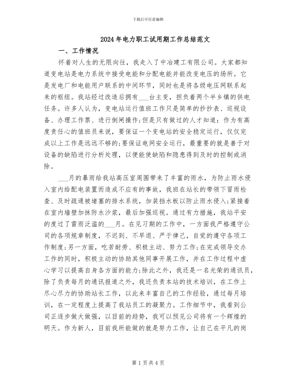 2024年电力职工试用期工作总结范文_第1页