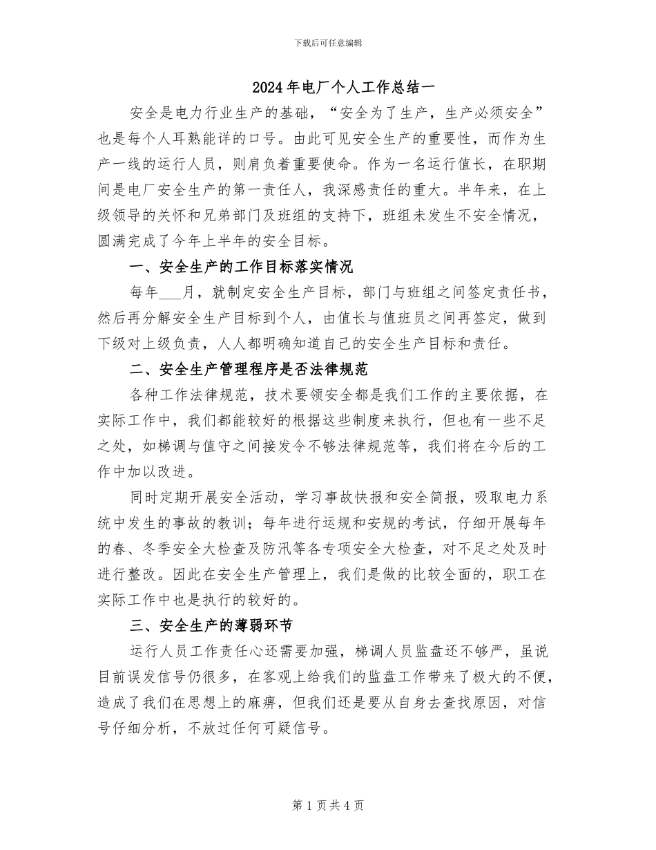 2024年电厂个人工作总结一_第1页