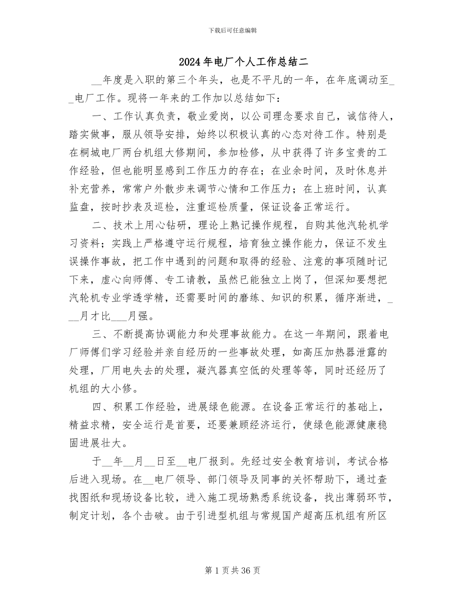2024年电厂个人工作总结二_第1页