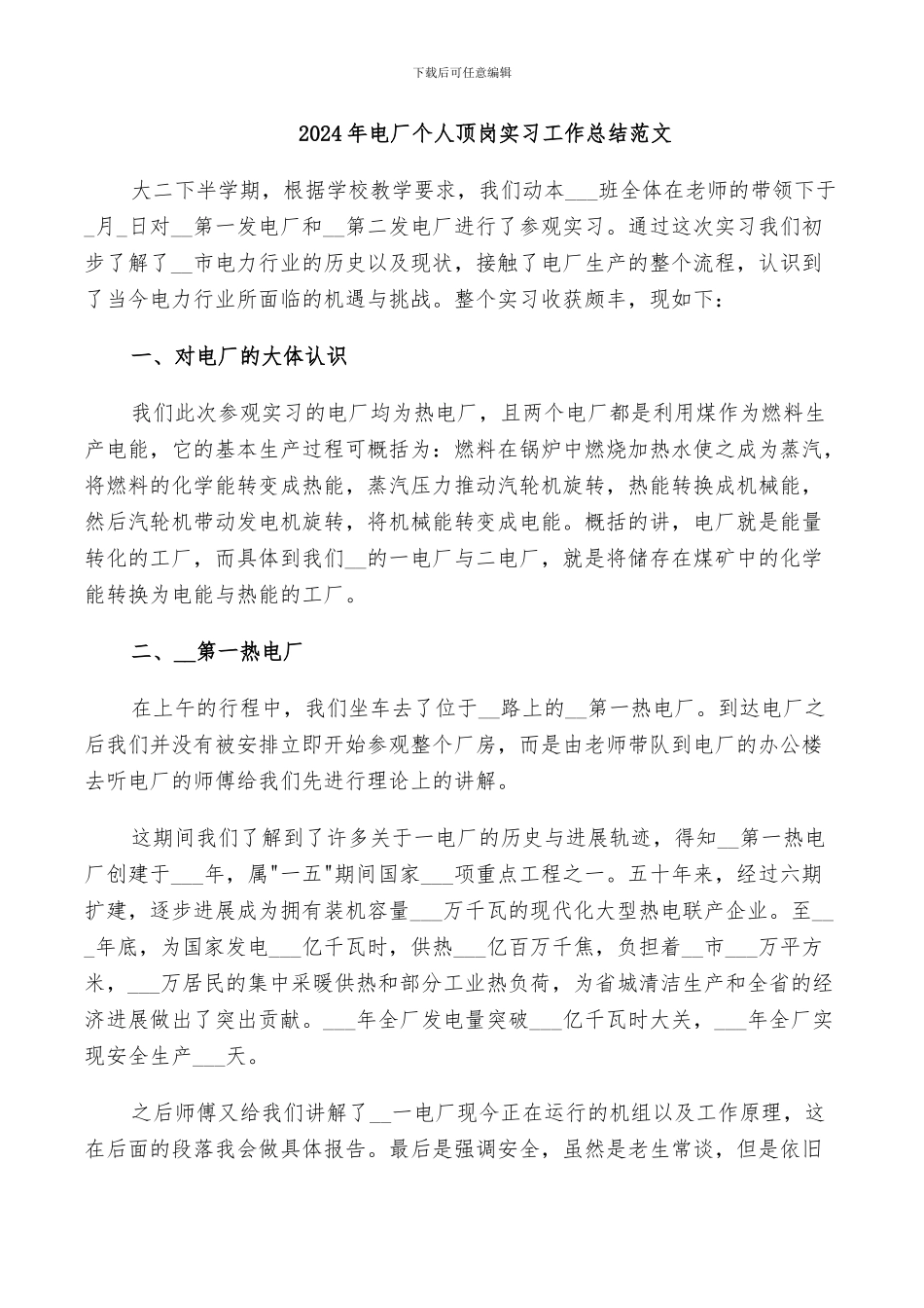 2024年电厂个人顶岗实习工作总结范文_第1页