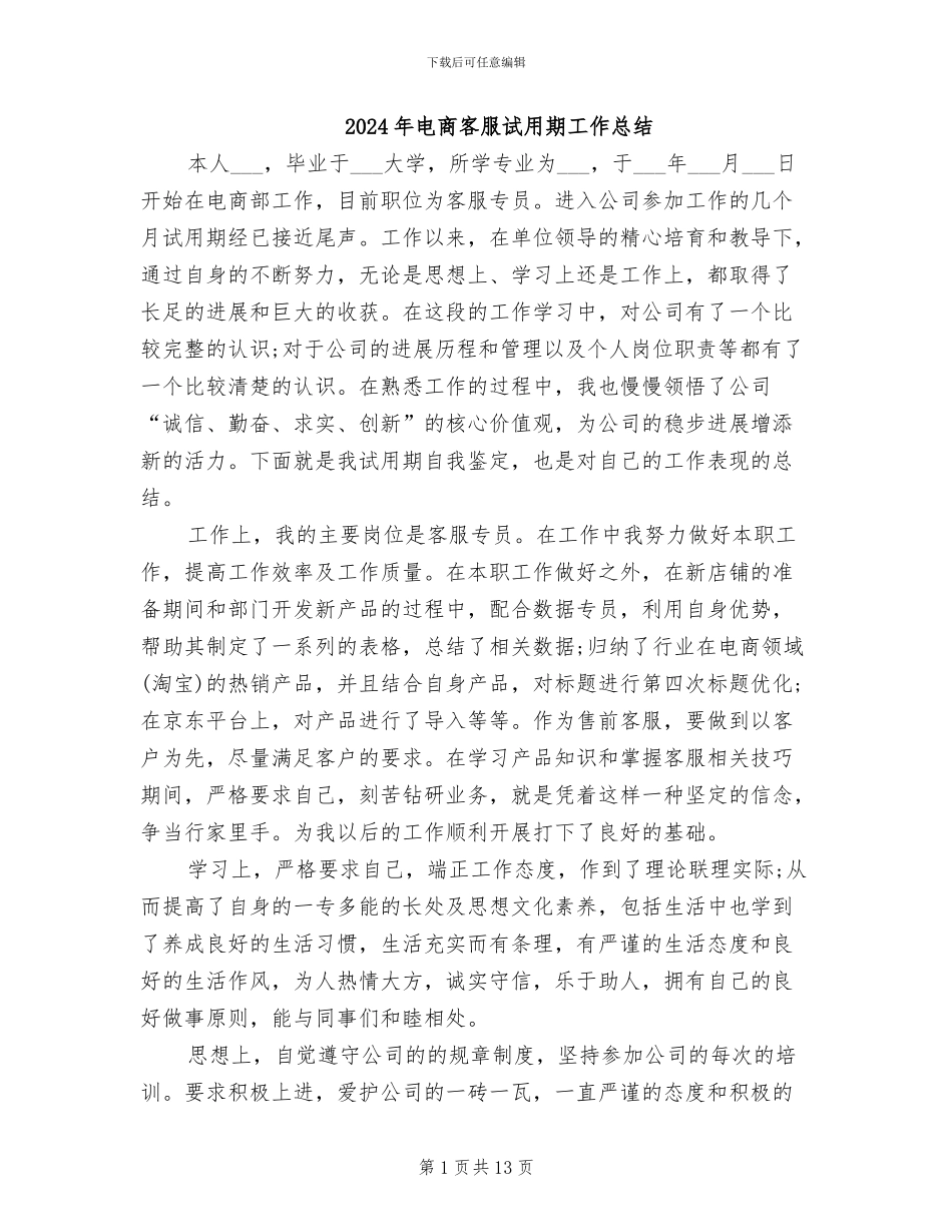 2024年电商客服试用期工作总结_第1页