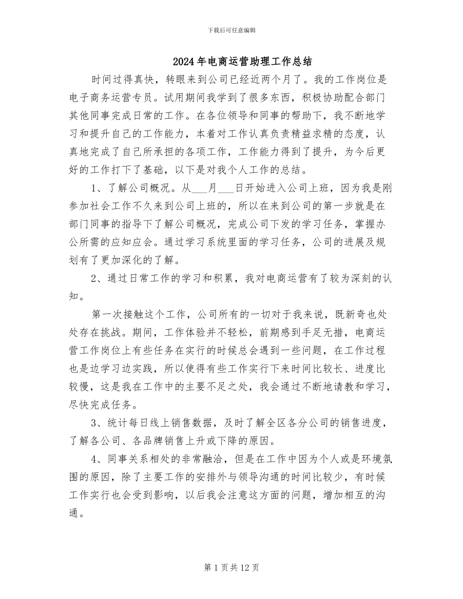 2024年电商运营助理工作总结_第1页