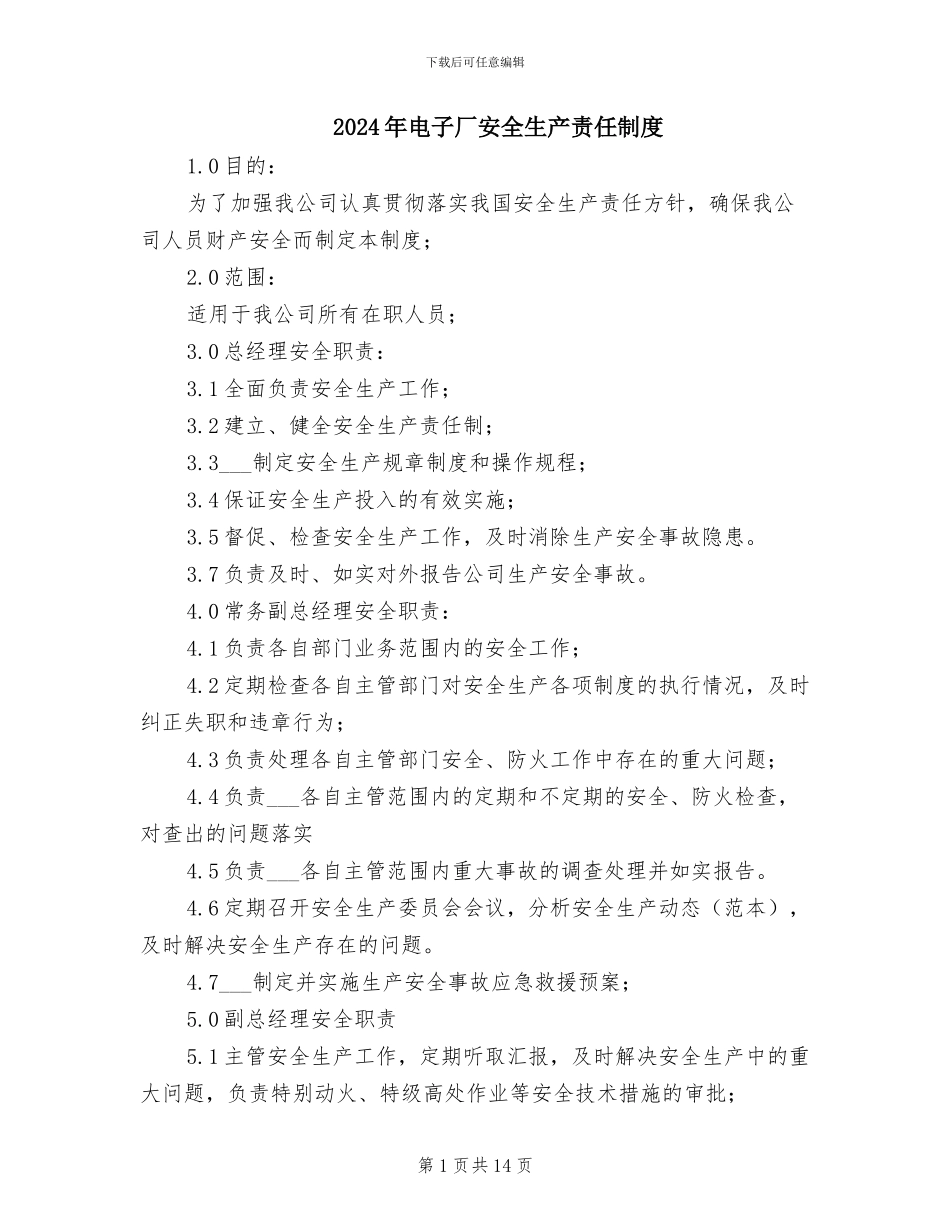 2024年电子厂安全生产责任制度_第1页