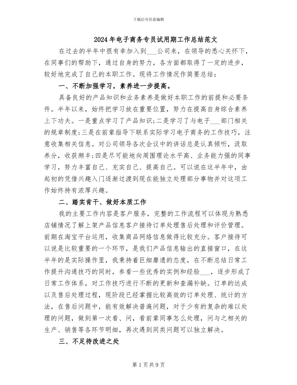 2024年电子商务专员试用期工作总结范文_第1页