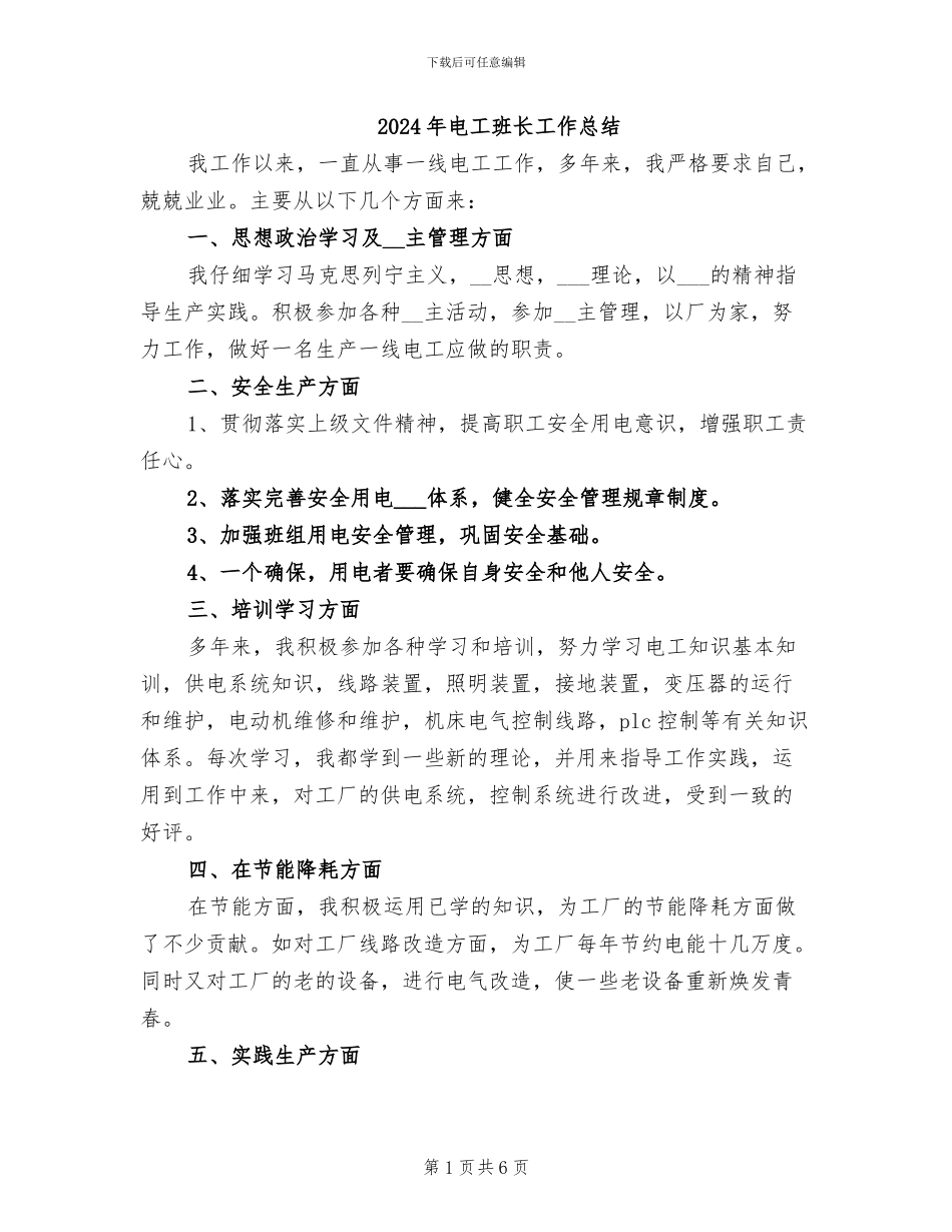 2024年电工班长工作总结_第1页