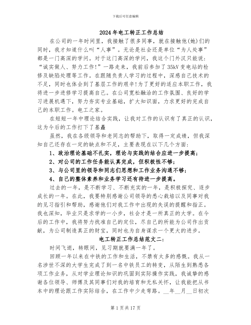 2024年电工转正工作总结_第1页