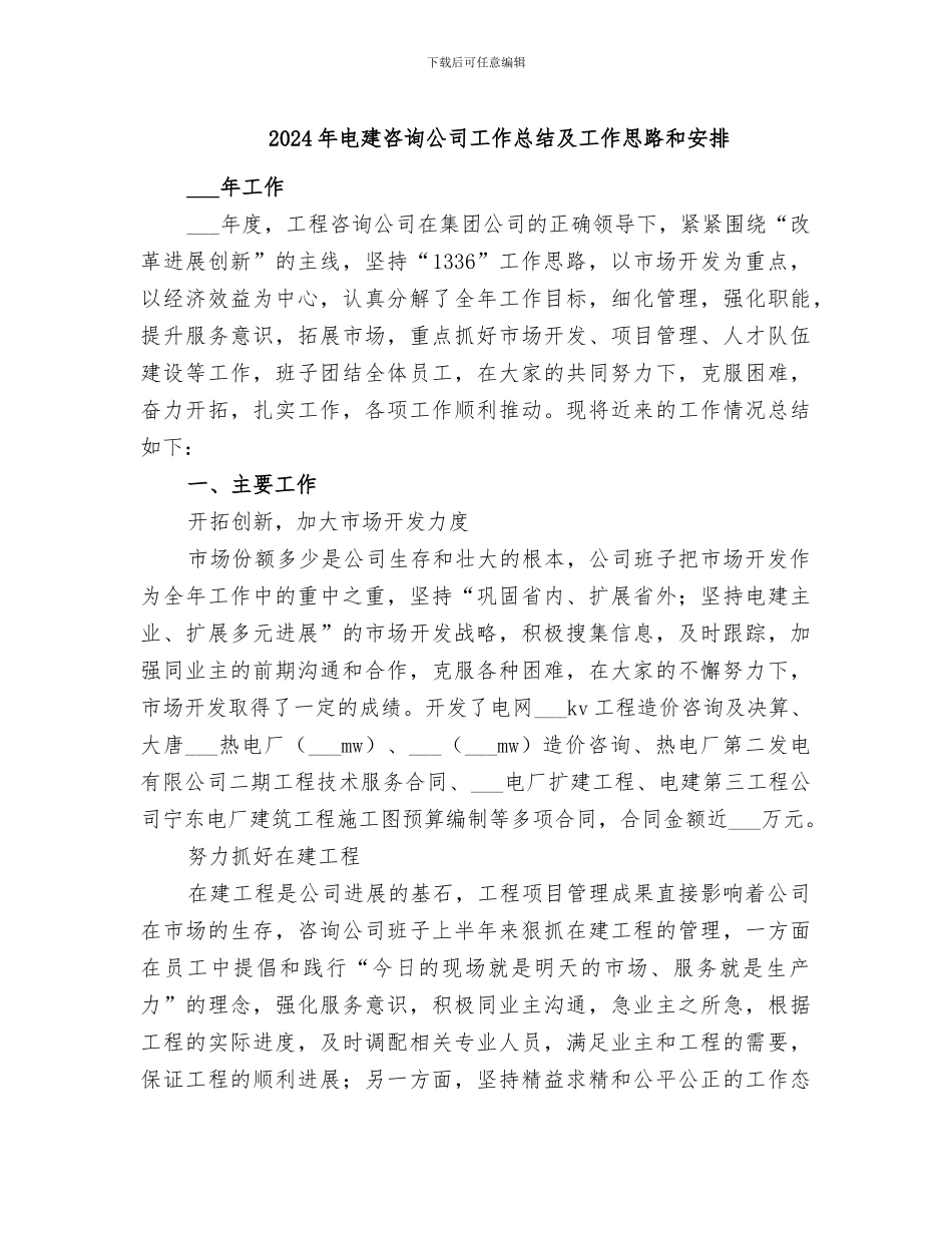 2024年电建咨询公司工作总结及工作思路和安排_第1页