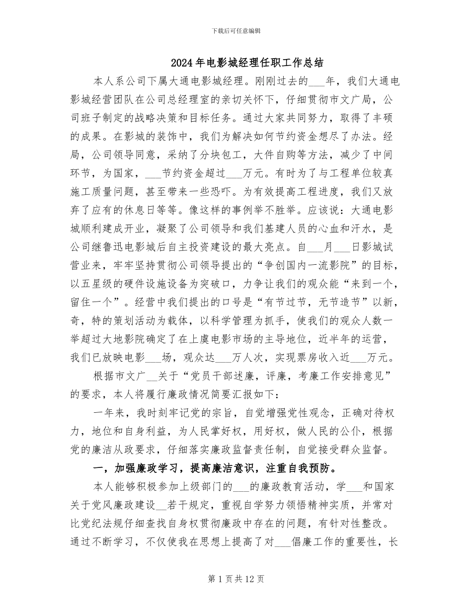 2024年电影城经理任职工作总结_第1页