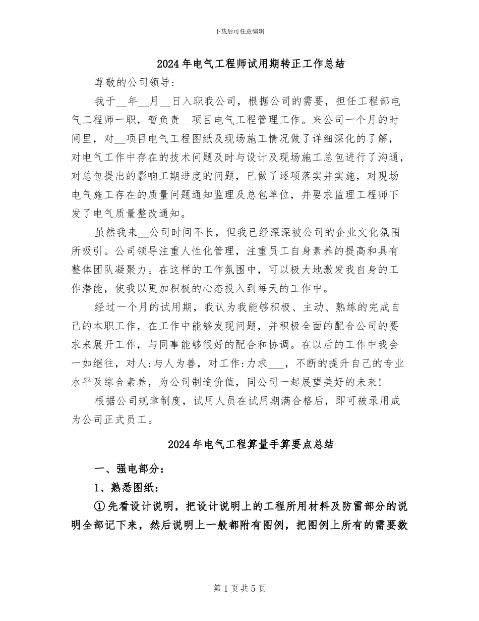 2024年电气工程师试用期转正工作总结_第1页