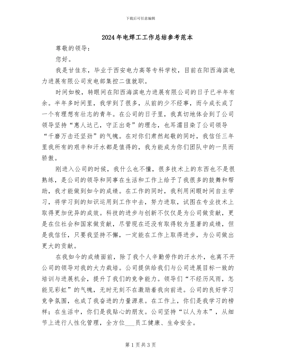 2024年电焊工工作总结参考范本_第1页