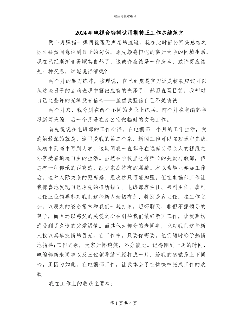 2024年电视台编辑试用期转正工作总结范文_第1页