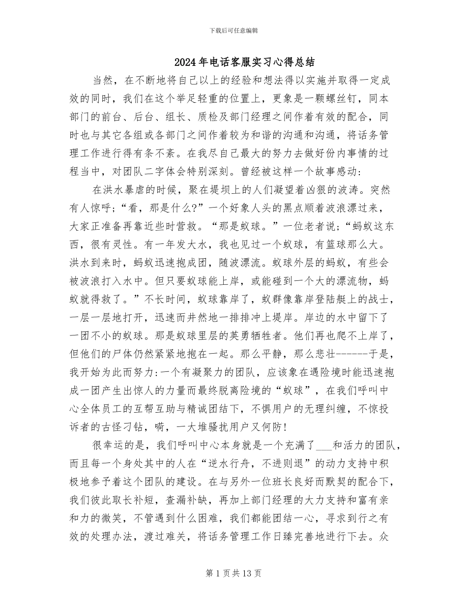 2024年电话客服实习心得总结_第1页