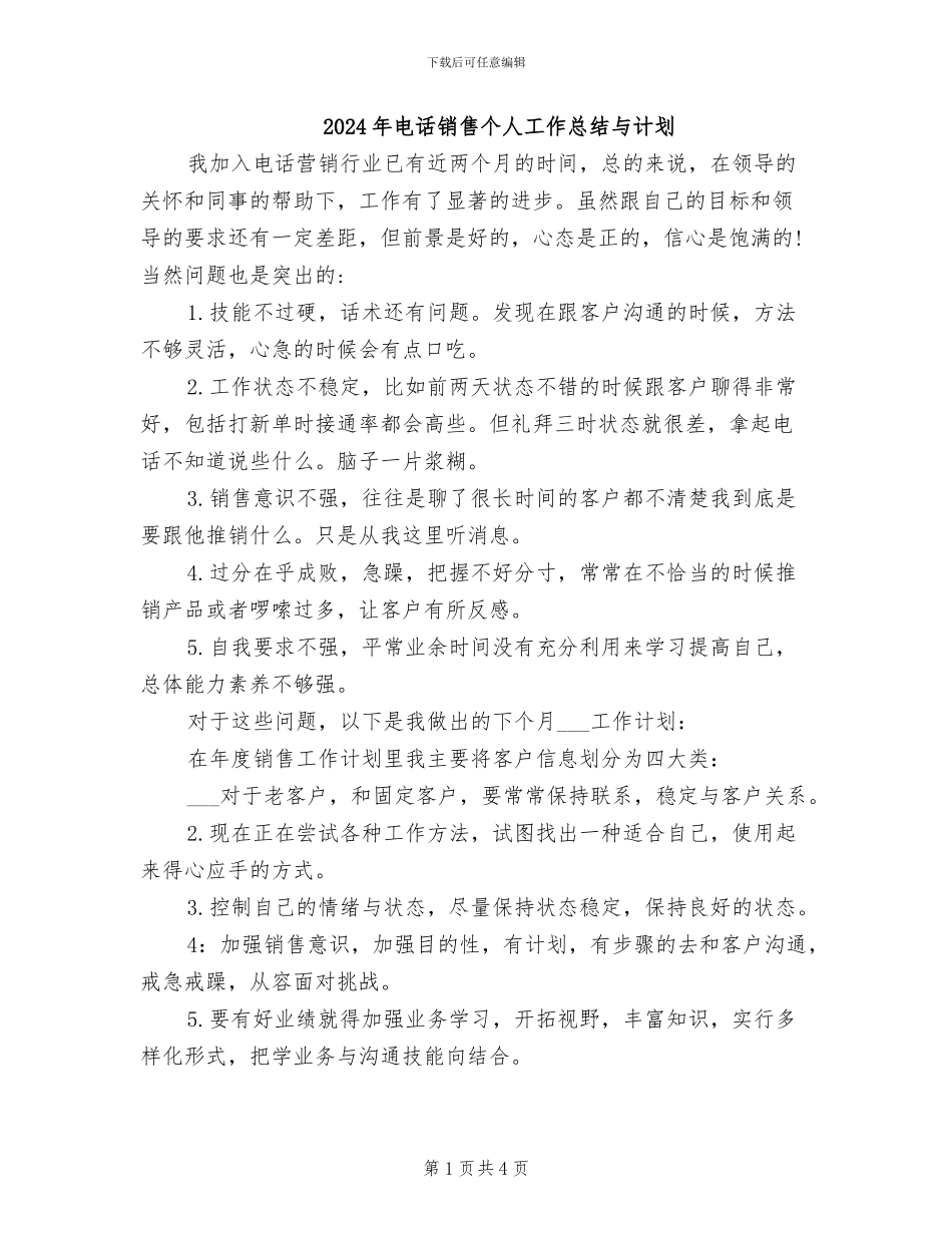 2024年电话销售个人工作总结与计划_第1页