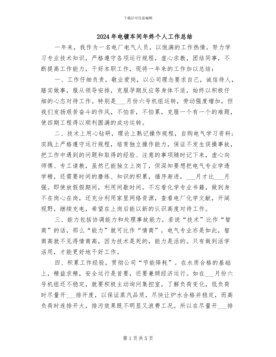 2024年电镀车间年终个人工作总结_第1页