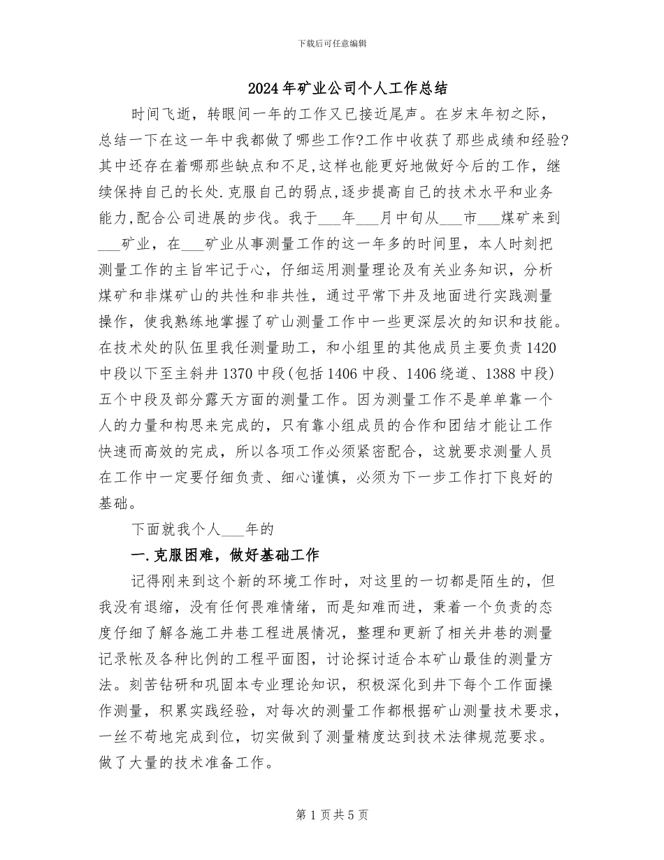 2024年矿业公司个人工作总结_第1页