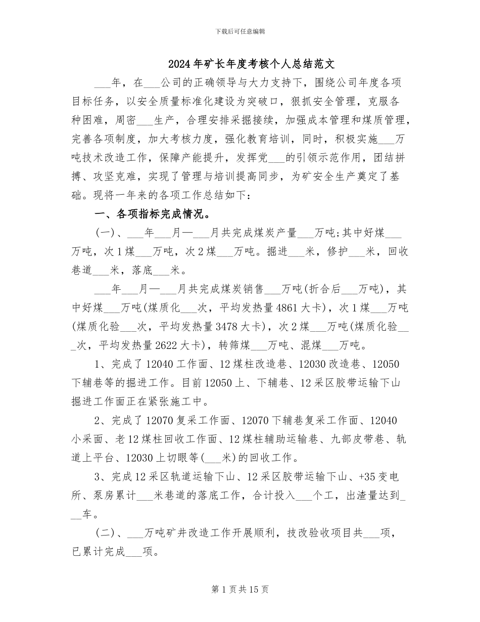 2024年矿长年度考核个人总结范文_第1页