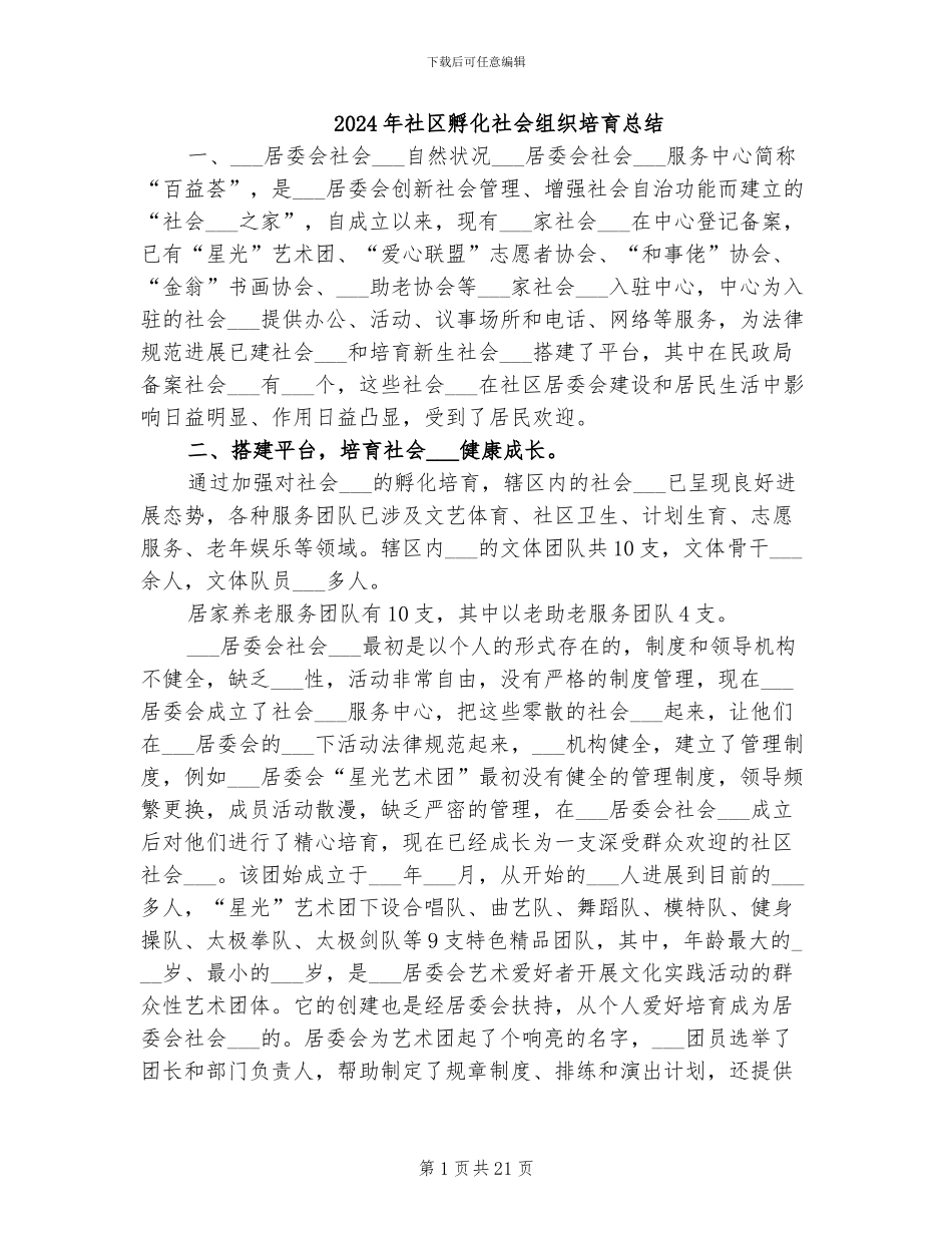 2024年社区孵化社会组织培育总结_第1页