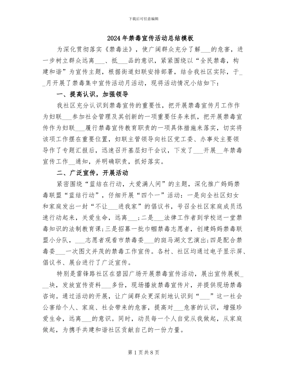 2024年禁毒宣传活动总结模板_第1页