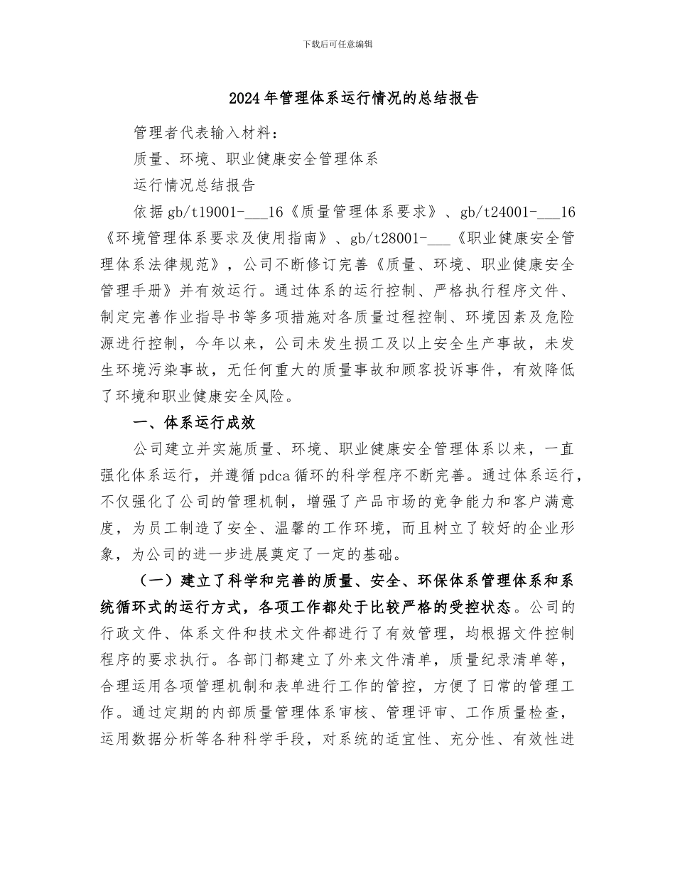 2024年管理体系运行情况的总结报告_第1页