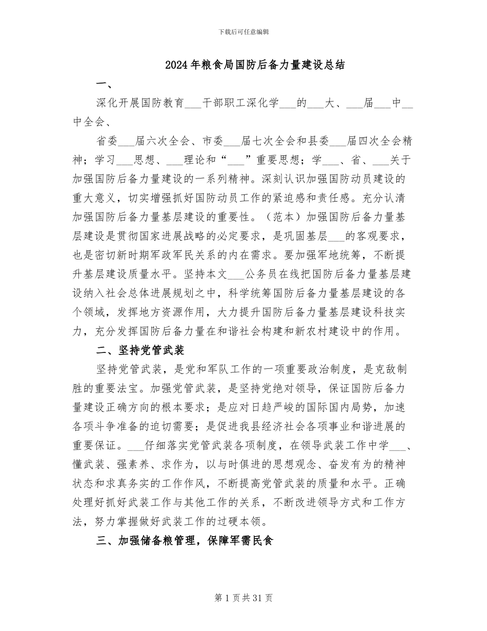2024年粮食局国防后备力量建设总结_第1页