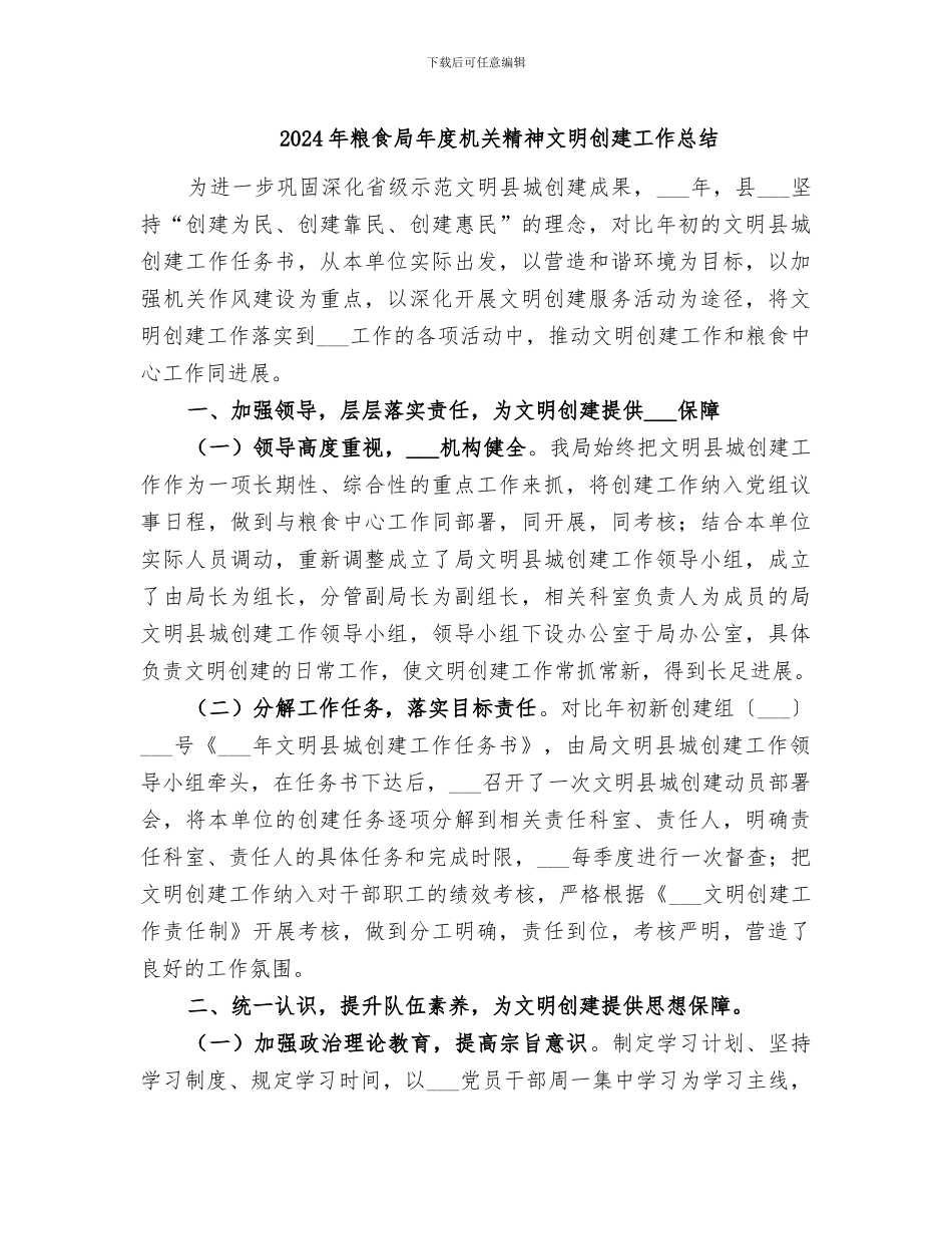 2024年粮食局年度机关精神文明创建工作总结_第1页