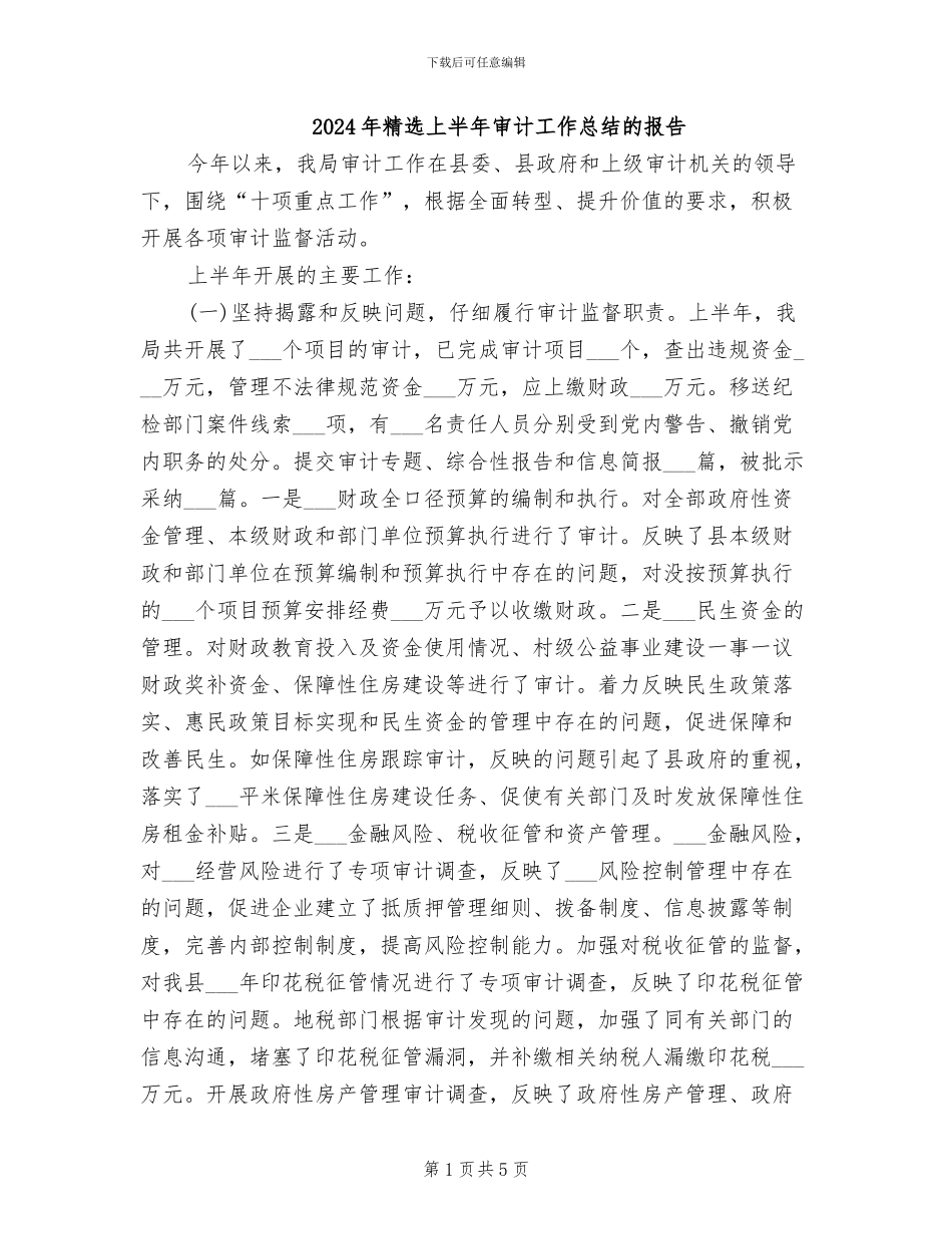2024年精选上半年审计工作总结的报告_第1页