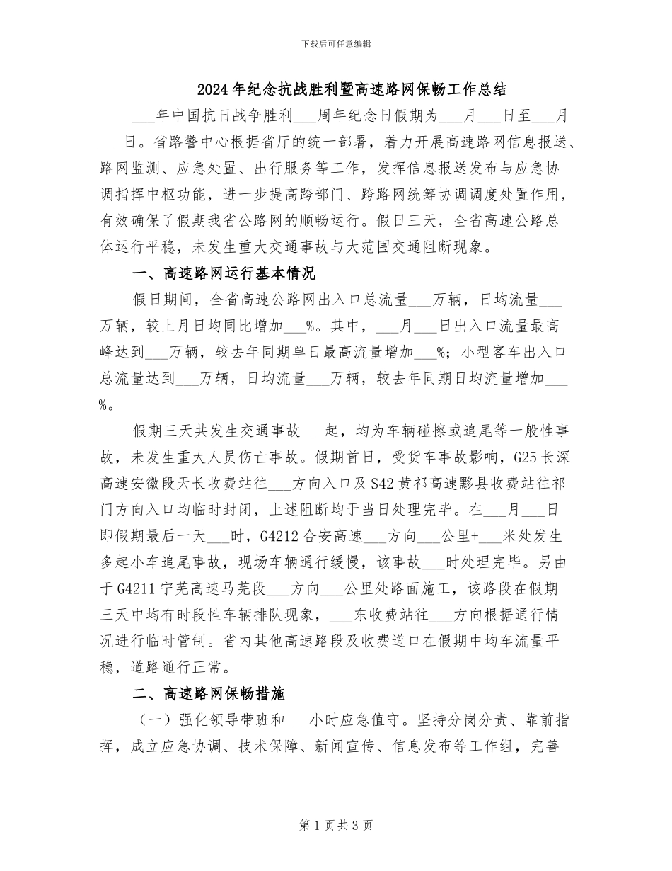 2024年纪念抗战胜利暨高速路网保畅工作总结_第1页