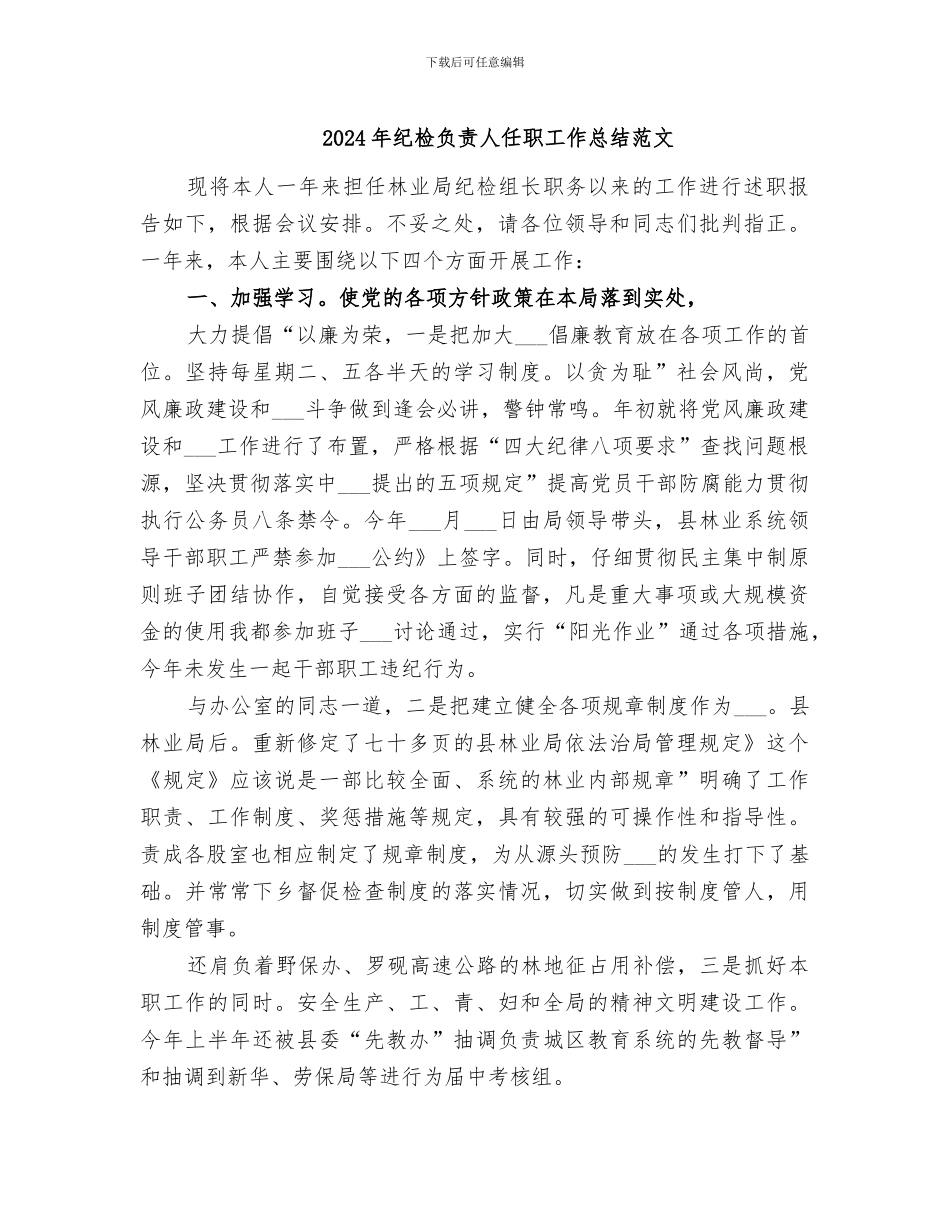 2024年纪检负责人任职工作总结范文_第1页