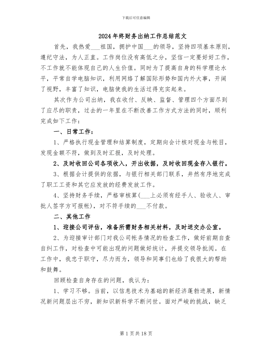 2024年终财务出纳工作总结范文_第1页