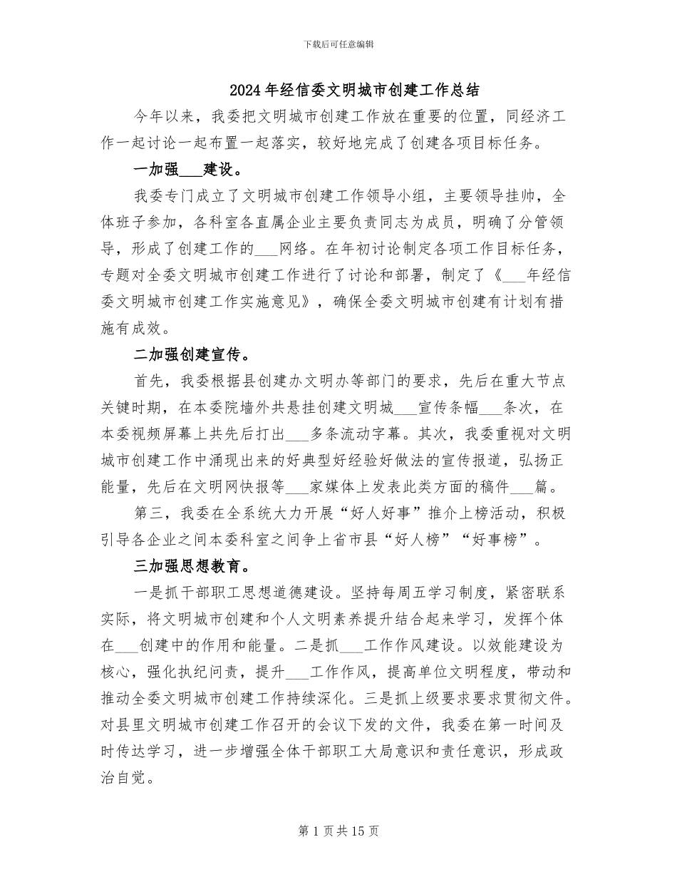 2024年经信委文明城市创建工作总结_第1页