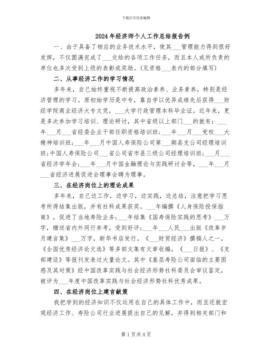 2024年经济师个人工作总结报告例_第1页