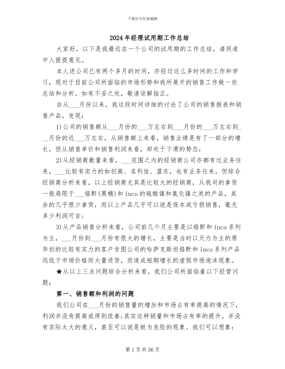 2024年经理试用期工作总结_第1页