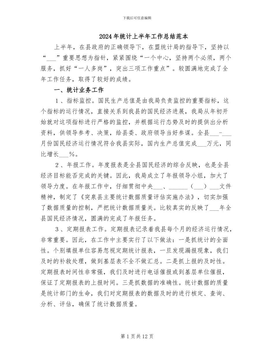 2024年统计上半年工作总结范本_第1页