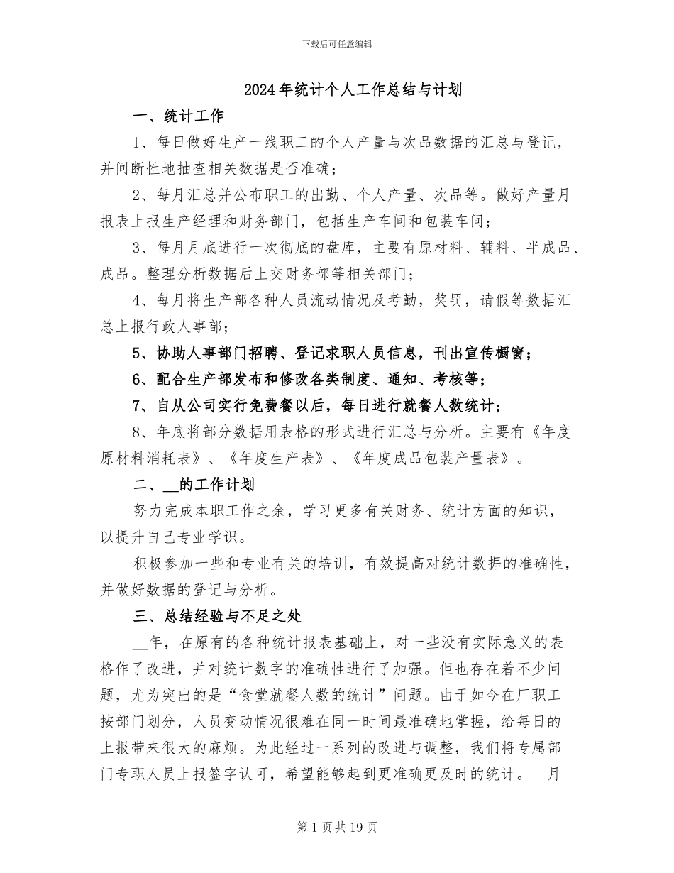 2024年统计个人工作总结与计划_第1页