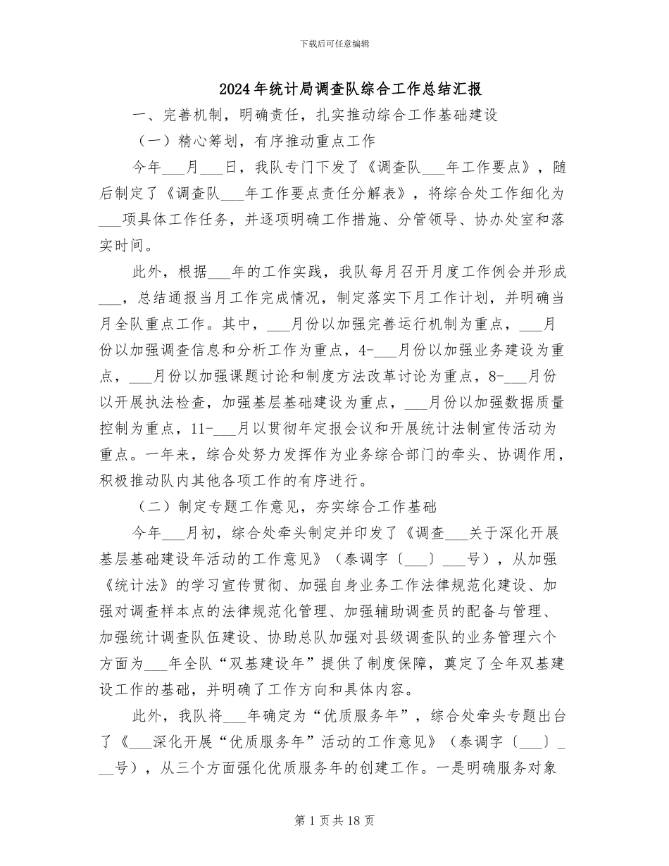 2024年统计局调查队综合工作总结汇报_第1页
