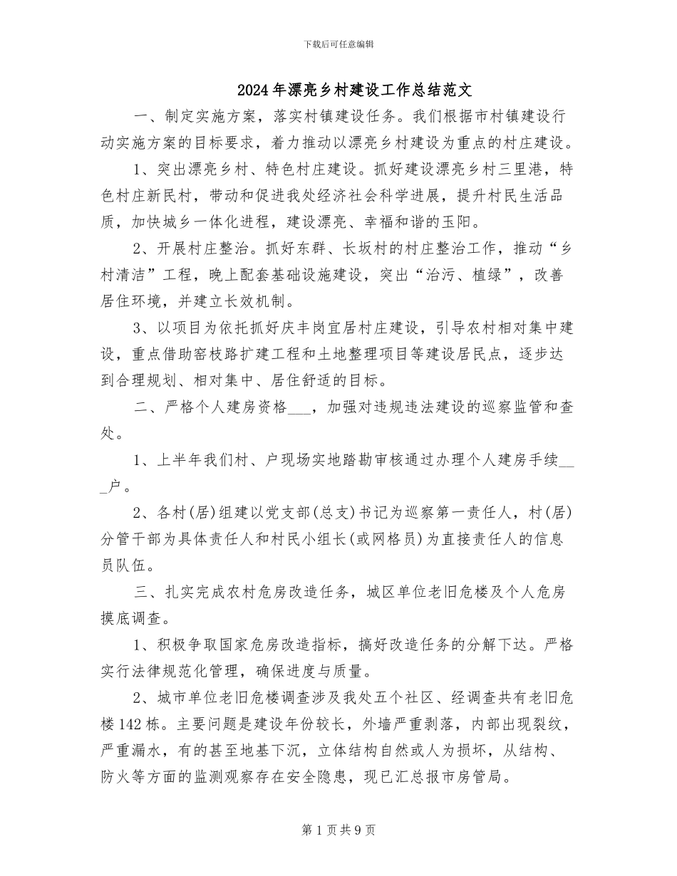 2024年美丽乡村建设工作总结范文_第1页