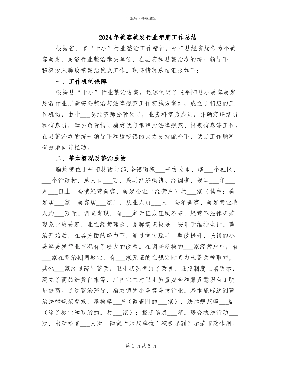 2024年美容美发行业年度工作总结_第1页