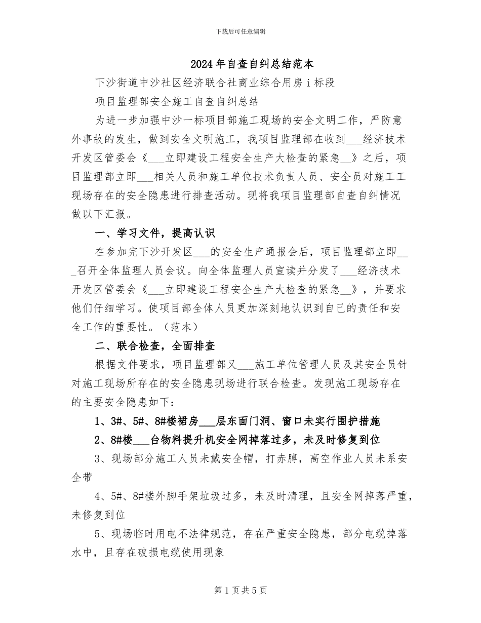 2024年自查自纠总结范本_第1页