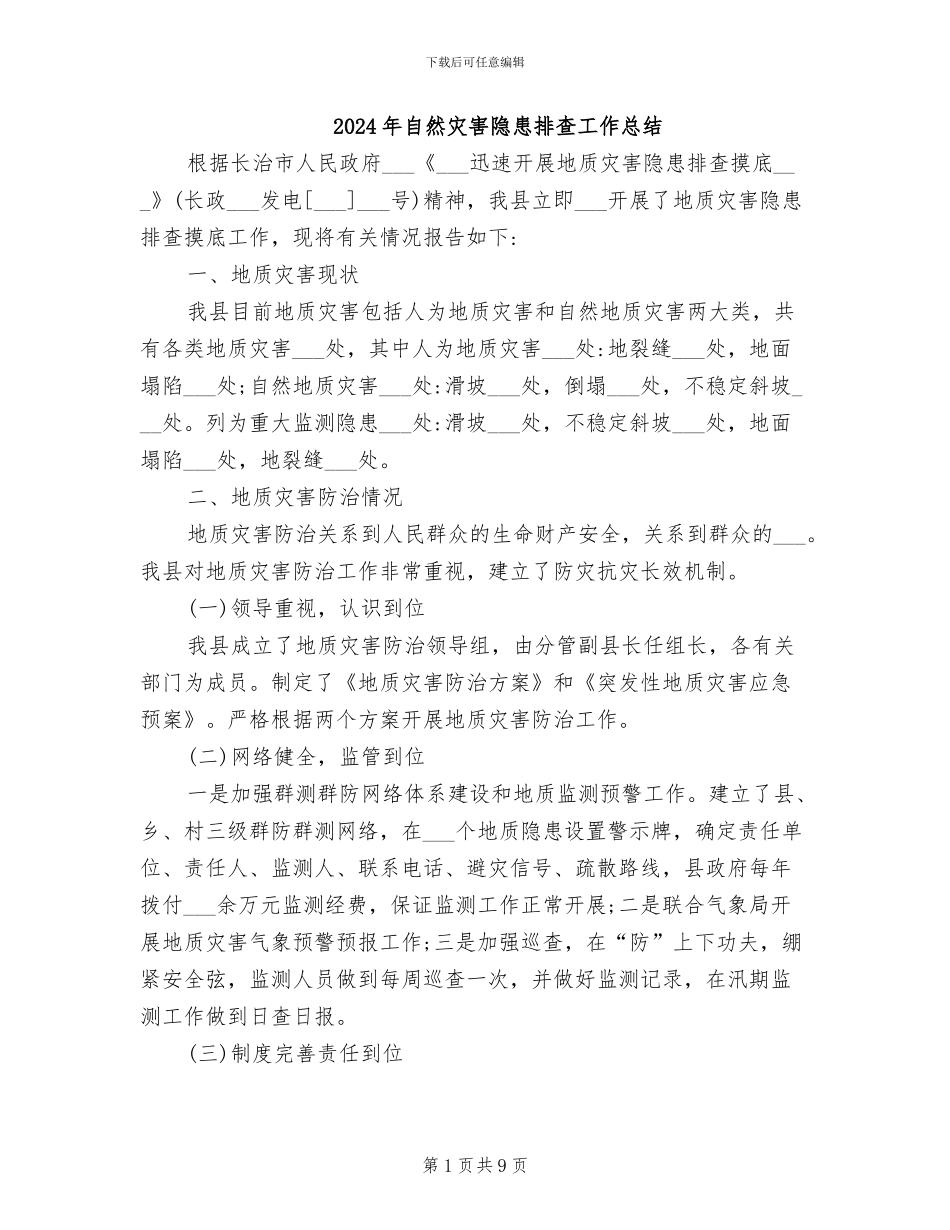 2024年自然灾害隐患排查工作总结_第1页