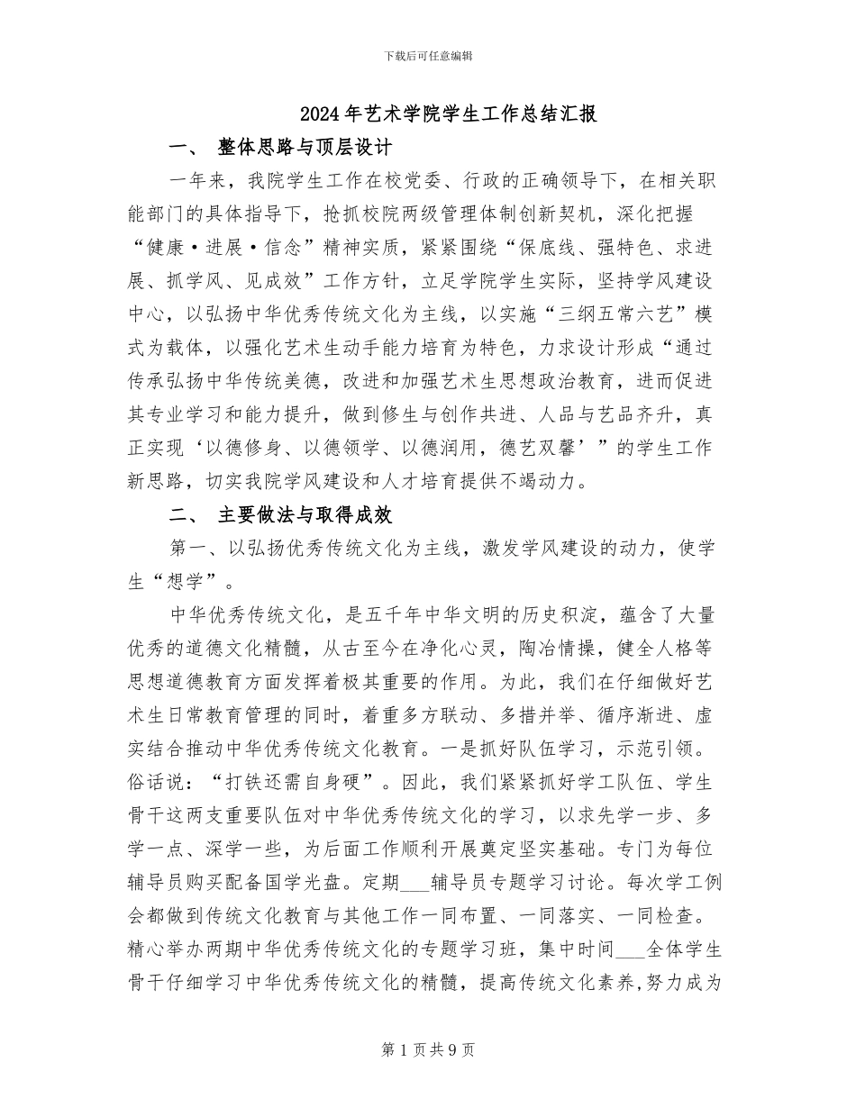 2024年艺术学院学生工作总结汇报_第1页
