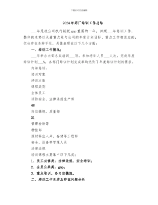 2024年药厂培训工作总结